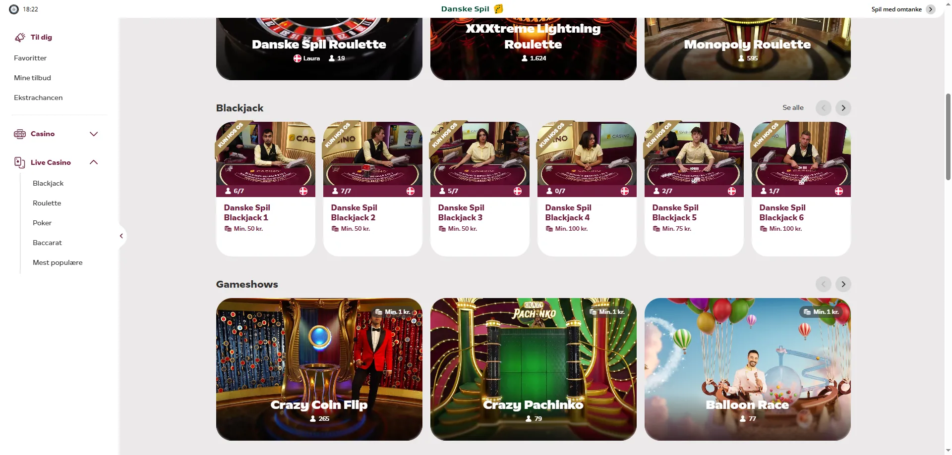 DanskeSpil live casino – roulette og blackjack med rigtige dealere